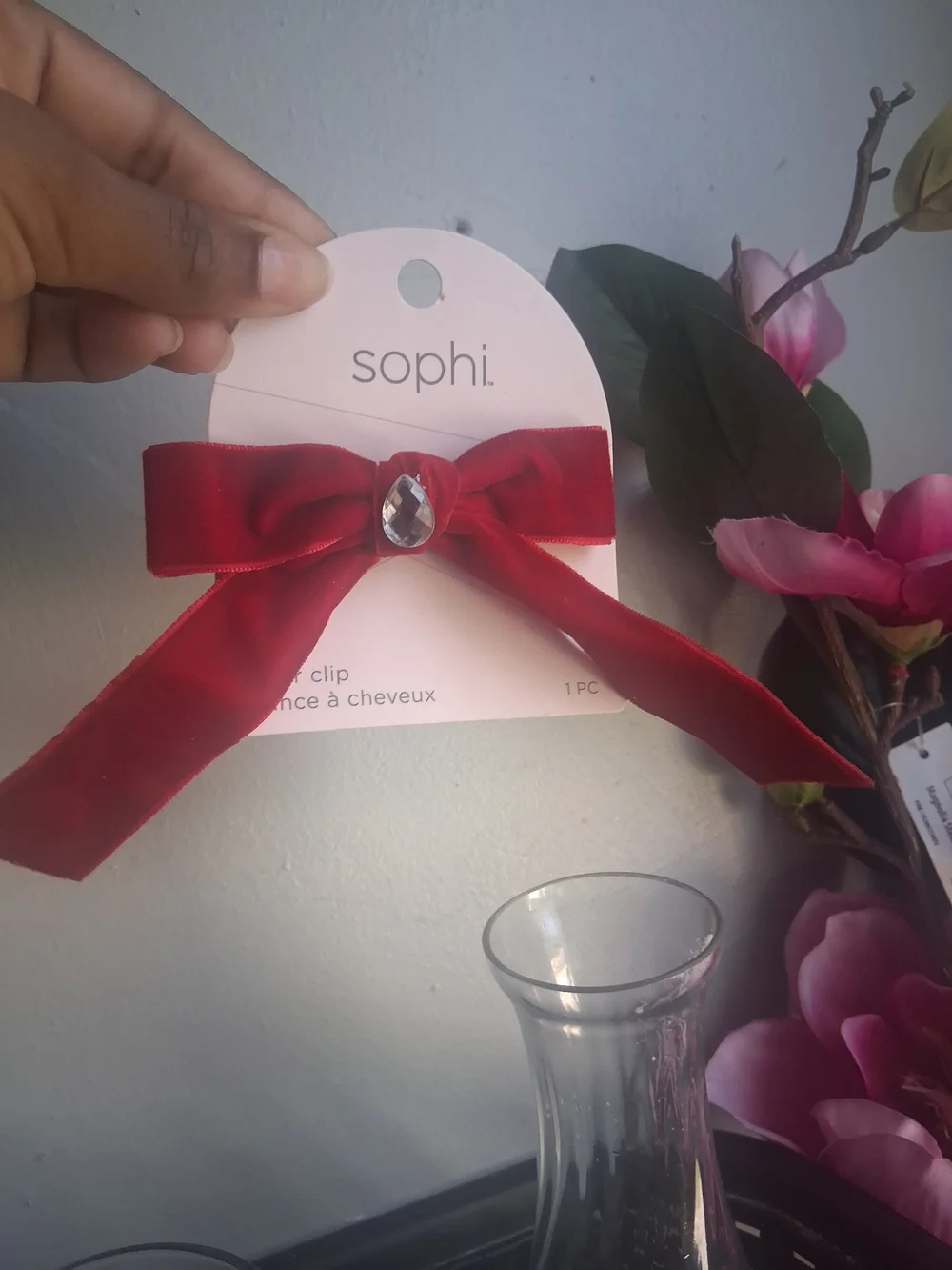 Red Bow Hair Clip with Jewel Accent